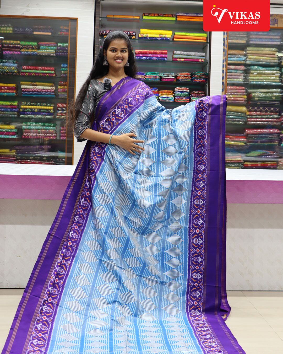 Pochampally Ikat Without Zari Dark Blue Border Sarees