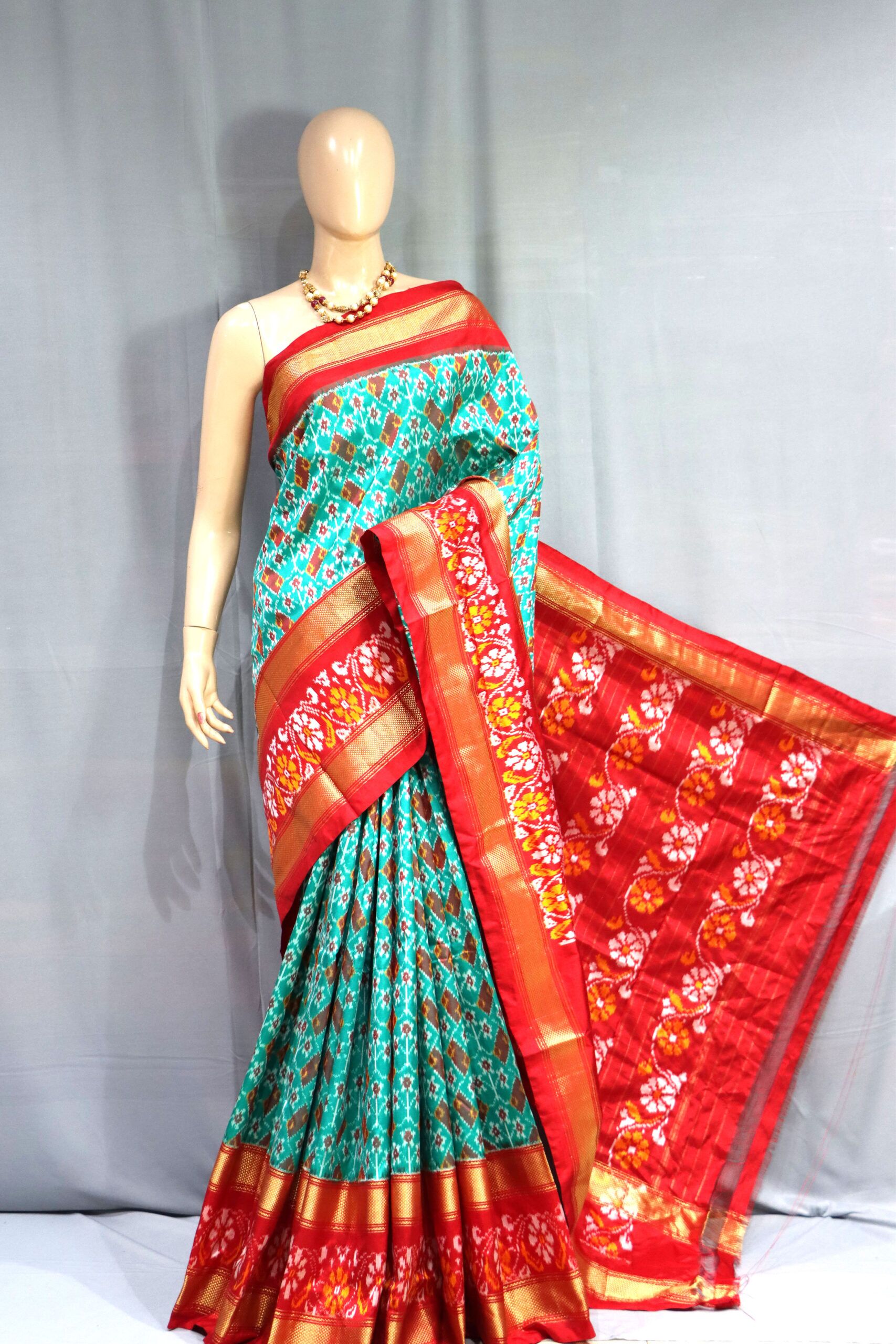 Pochamapally Ikat Break Border Teal Green Red Pattu Saree