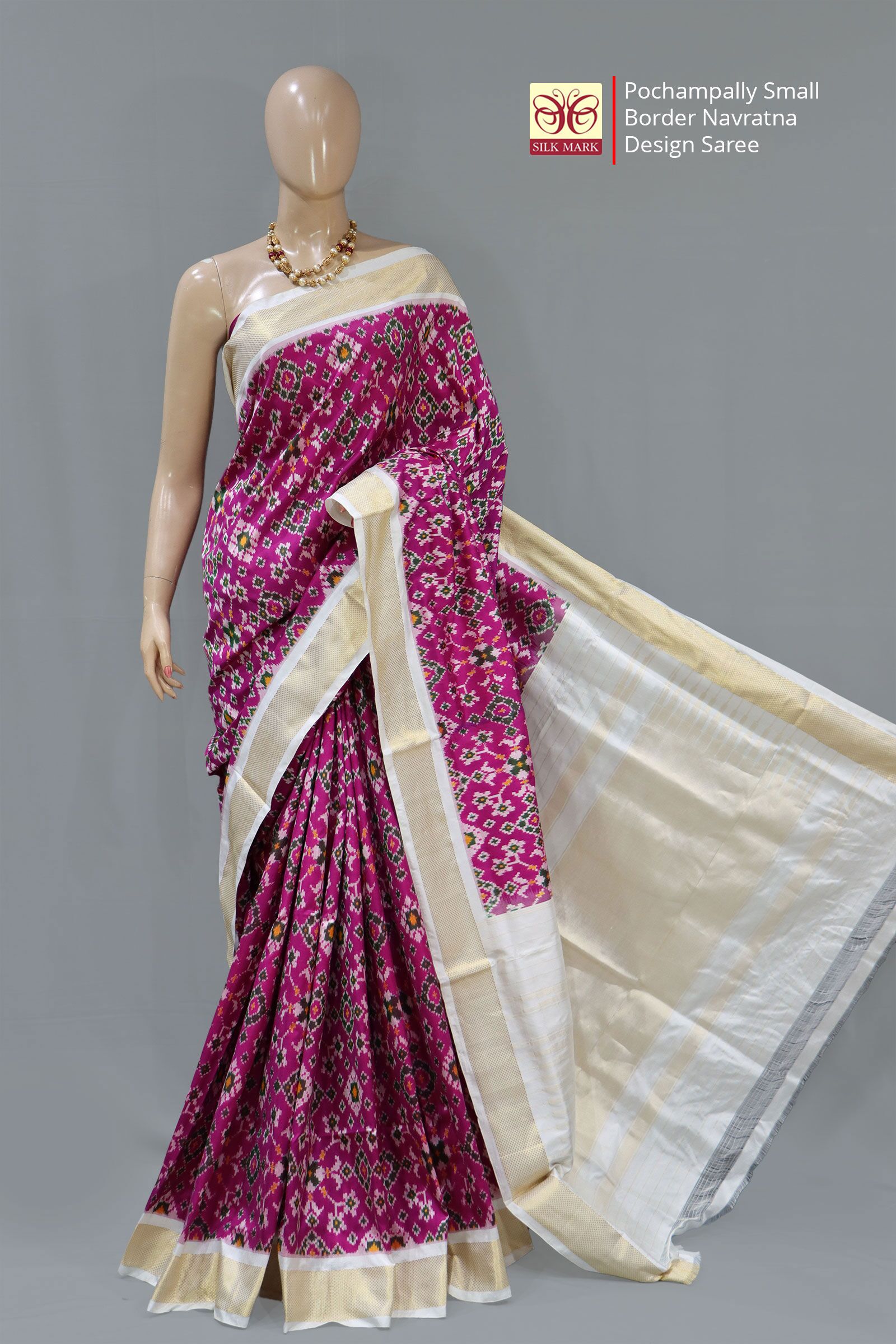 Pochampally Ikat Small Border Navratna Pink Design Saree
