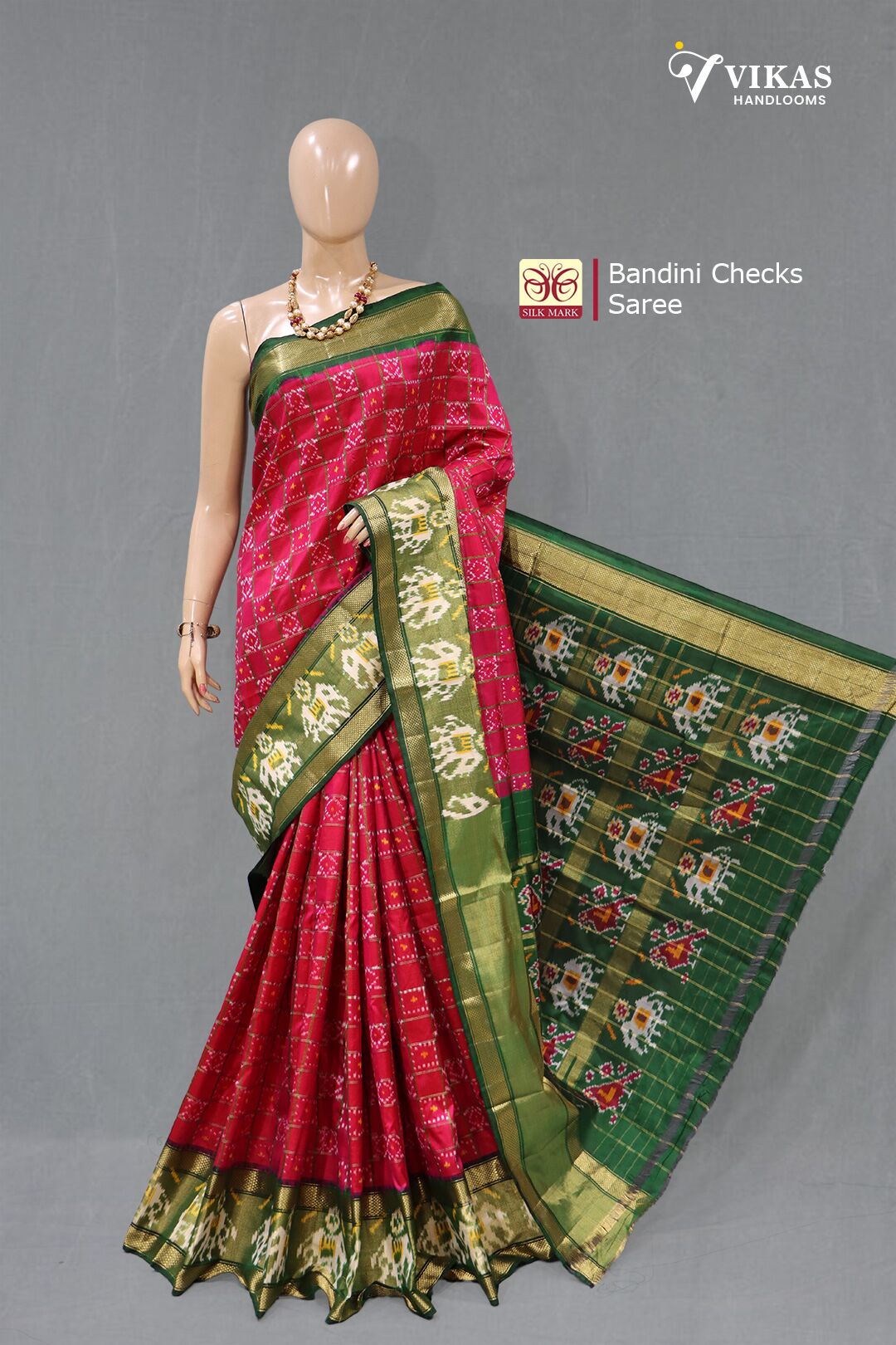 Pochampally Bandini Checks Dark Pink Saree