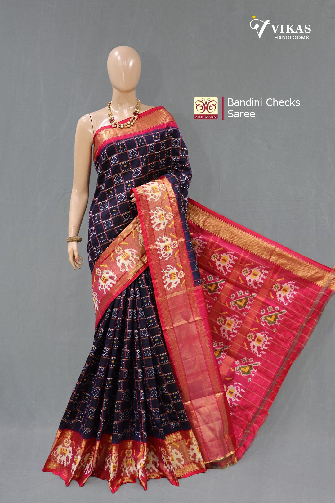 Pochampally Bandini Checks Navy Blue Saree