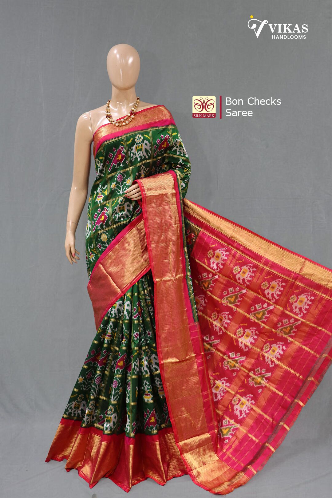Pochampally Bon Checks Parrot Green Saree
