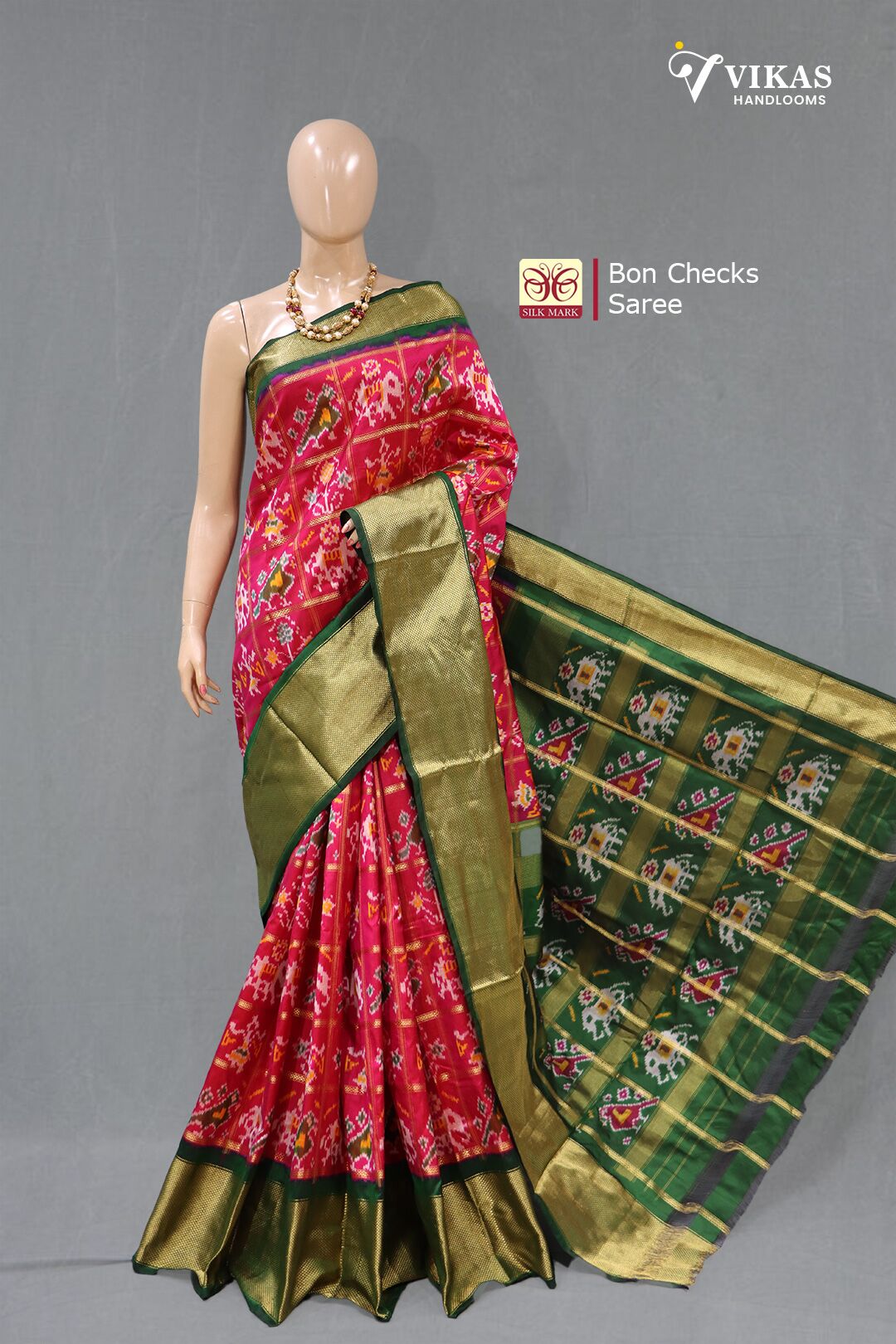 Pochampally Bon Checks Rani Pink Saree