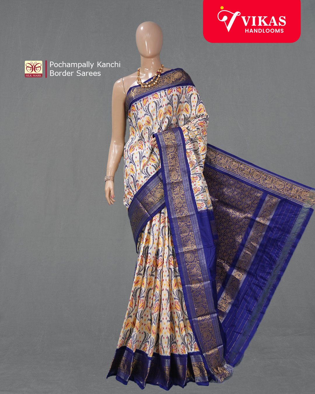 Pochampally Kanchi Border Cream And Blue Saree