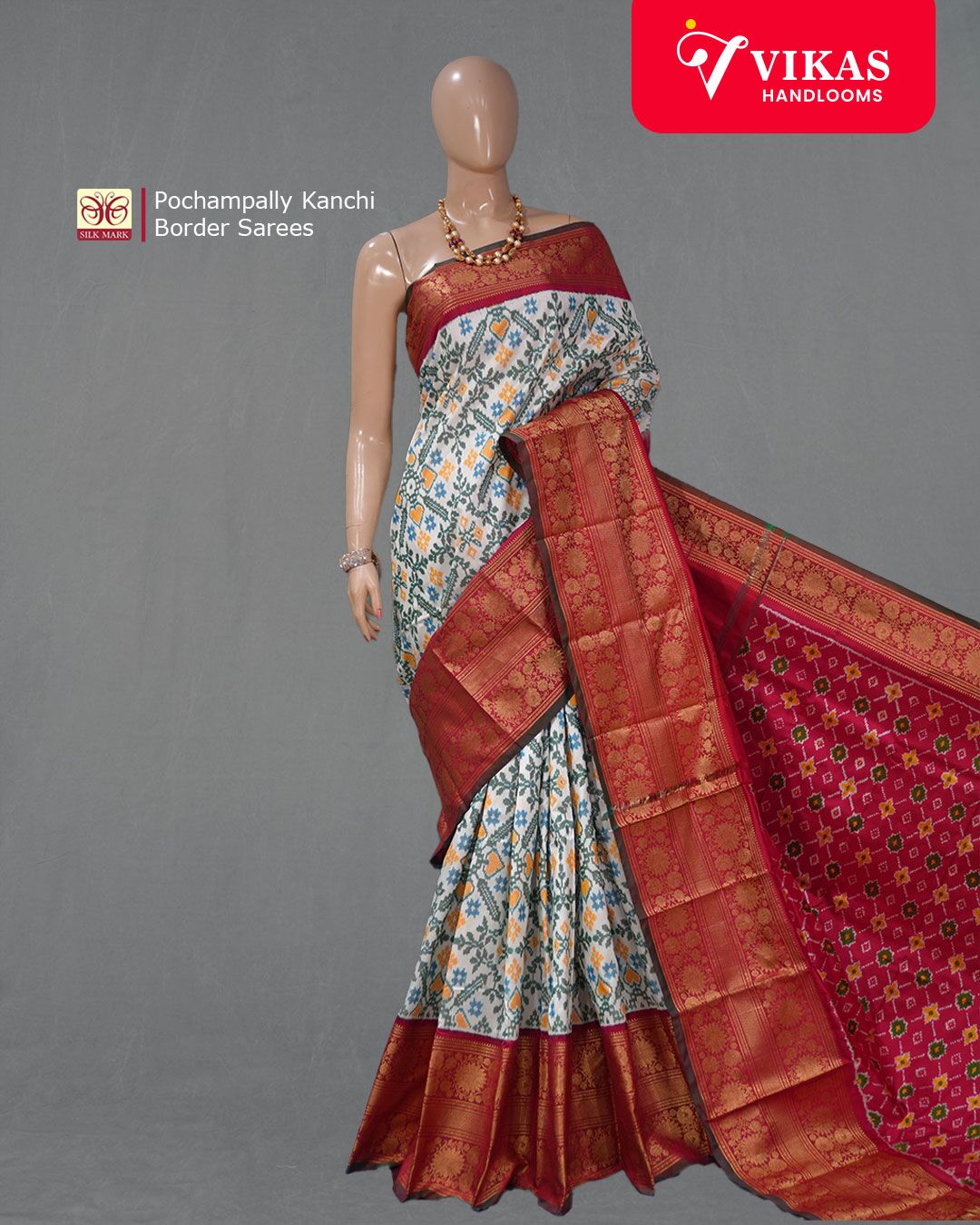 Pochampally Kanchi Border Cream And Maroon Saree