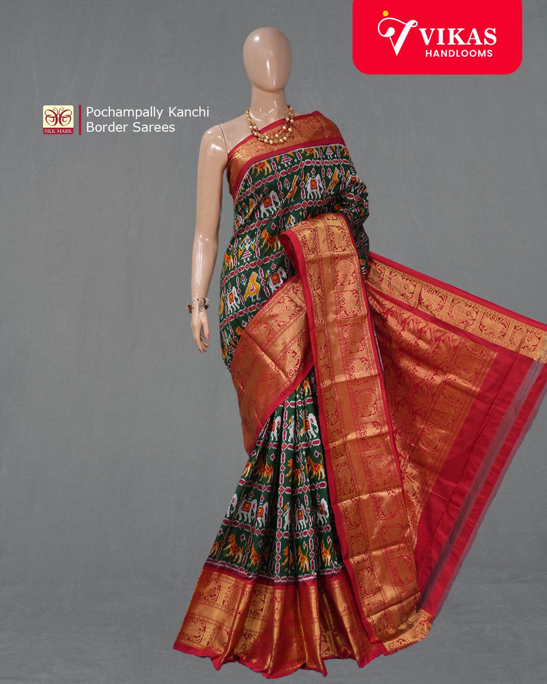 Pochampally Kanchi Border Green And Maroon Saree