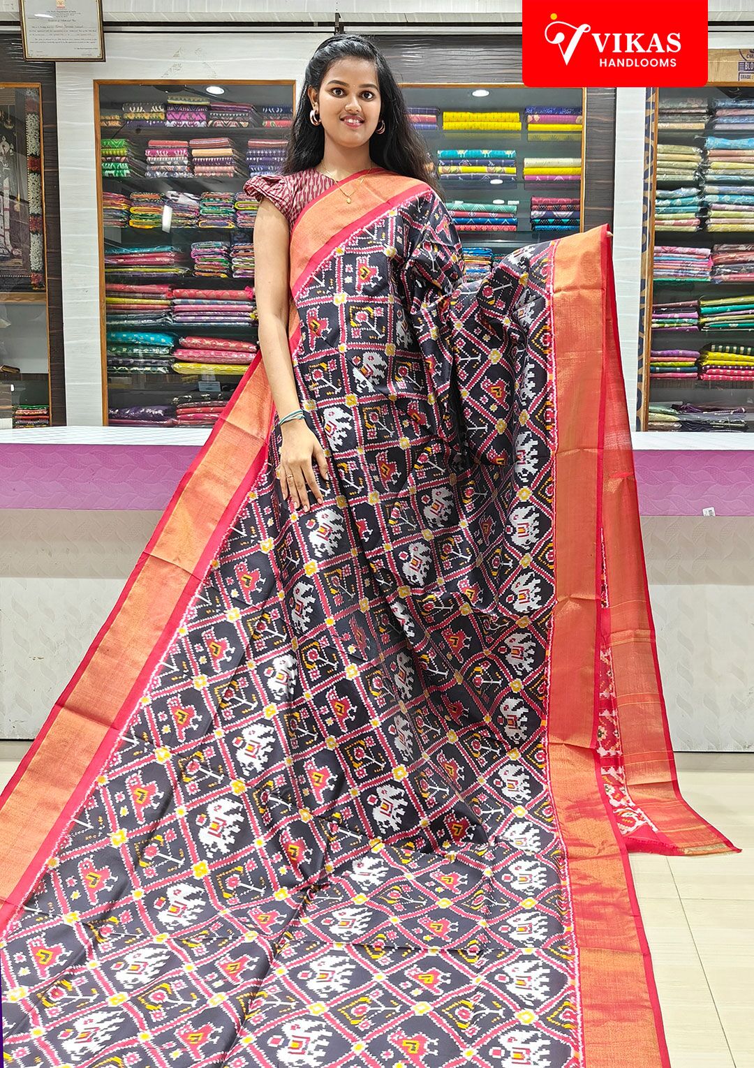 Pochampally Ikat Saree Tissue Border Black Elephant Sarees