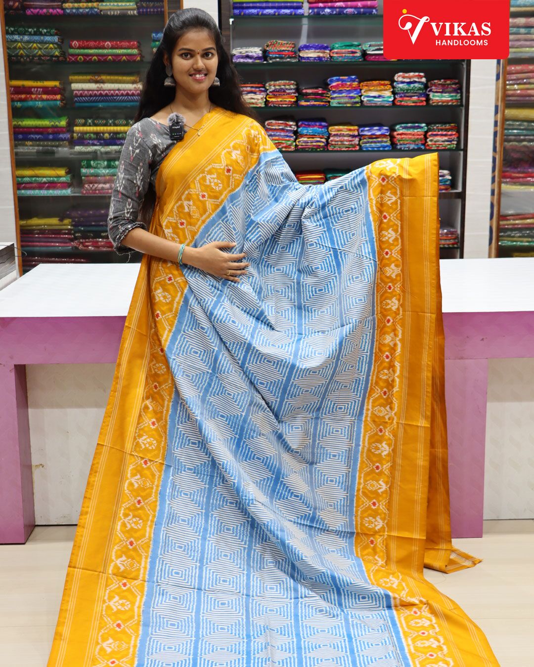 Pochampally Ikat Without Zari Yellow Border Sarees