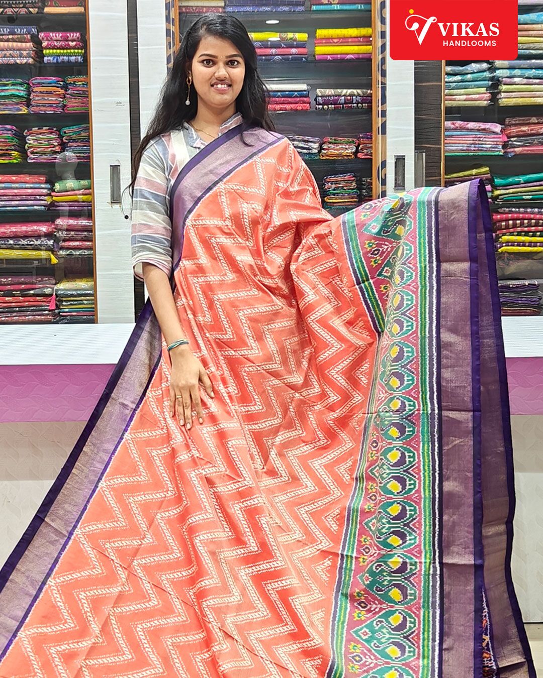 Pochampally Ikkat Special Designer Saree With Orange Colour
