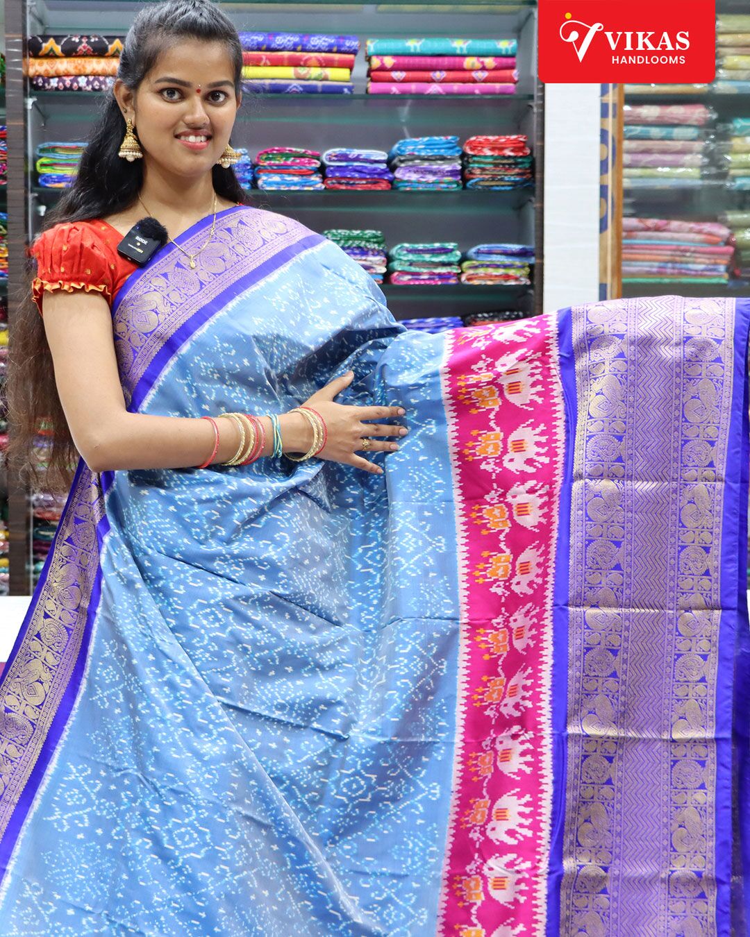 Pochampally Kanchi Pattu Blue Elephant Design Sarees