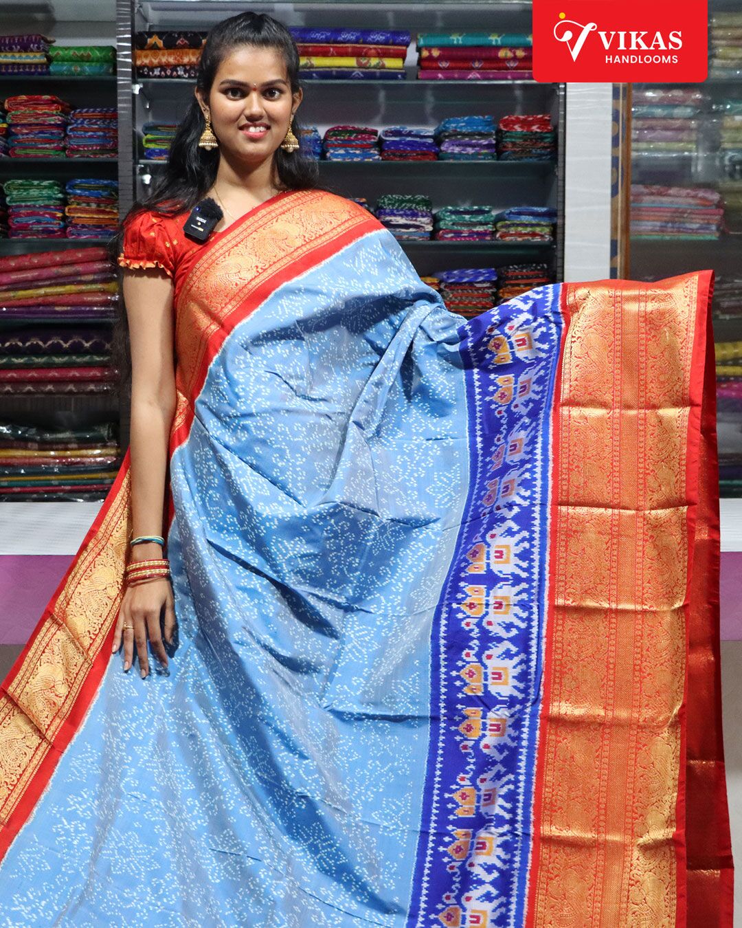 Pochampally Kanchi Pattu Sky Blue And Red Border Sarees