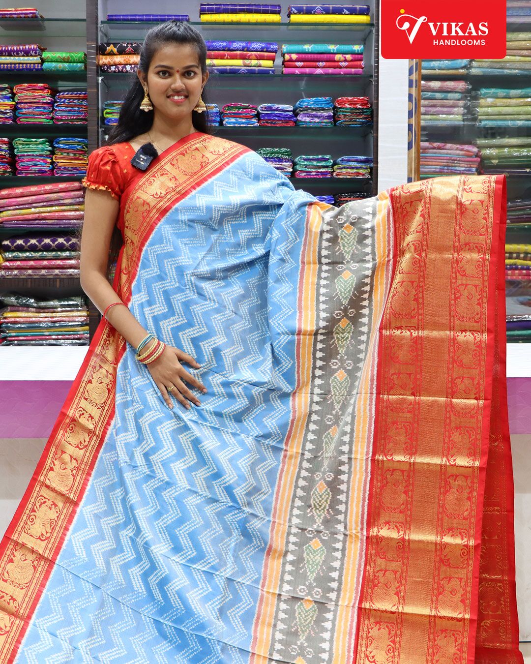 Pochampally Kanchi Pattu Sky Blue Ash And Red Sarees