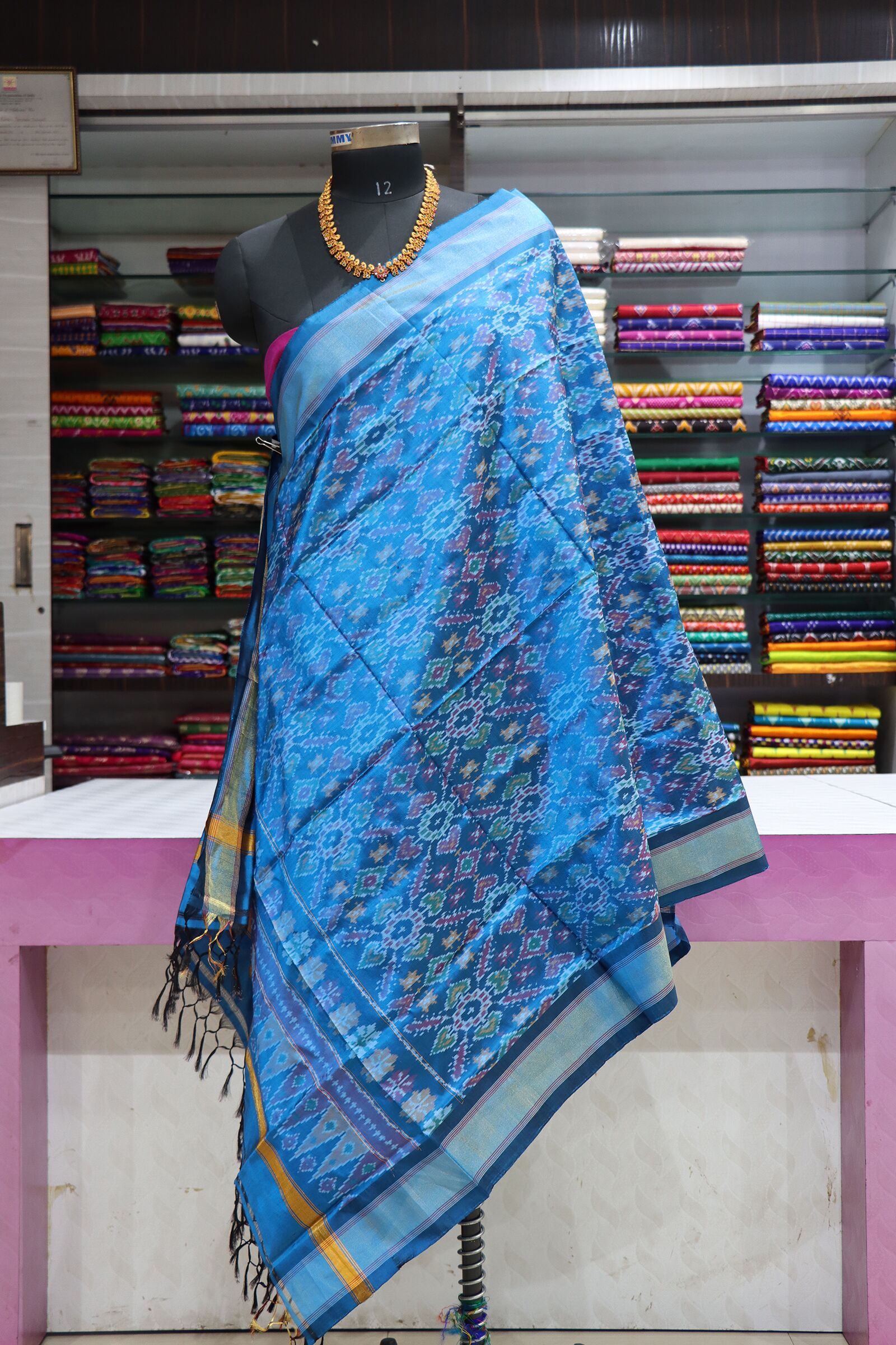 Pochampally Blue Glod  Silk Dupatta