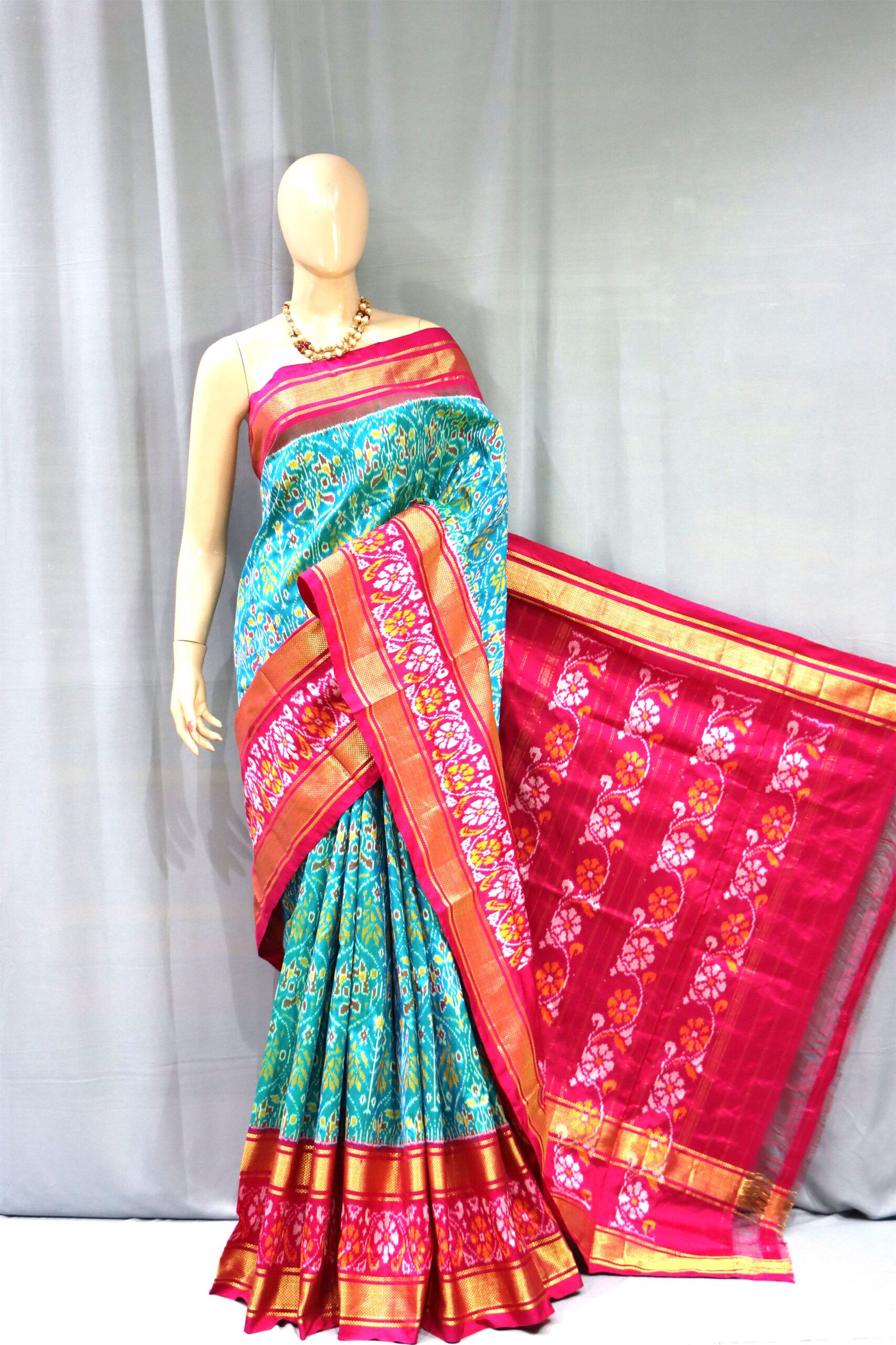 Pochamapally Ikat Break Border Peacock Blue Pattu Saree