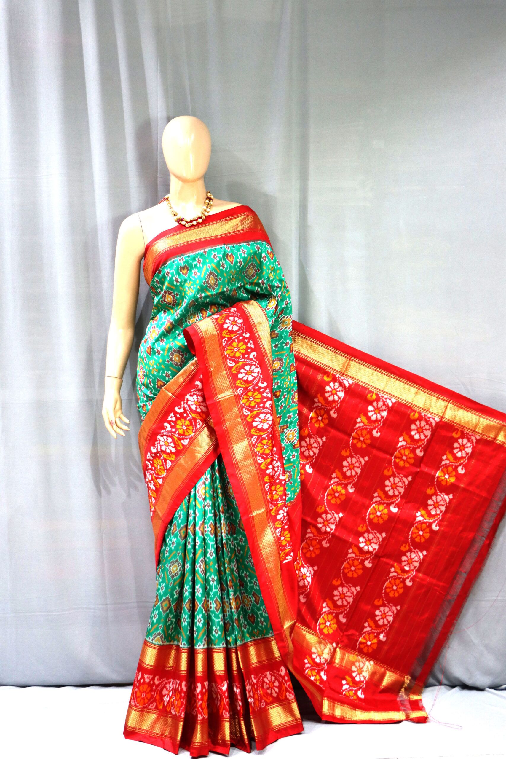 Pochamapally Ikat Break Border Teal Green Pattu Saree