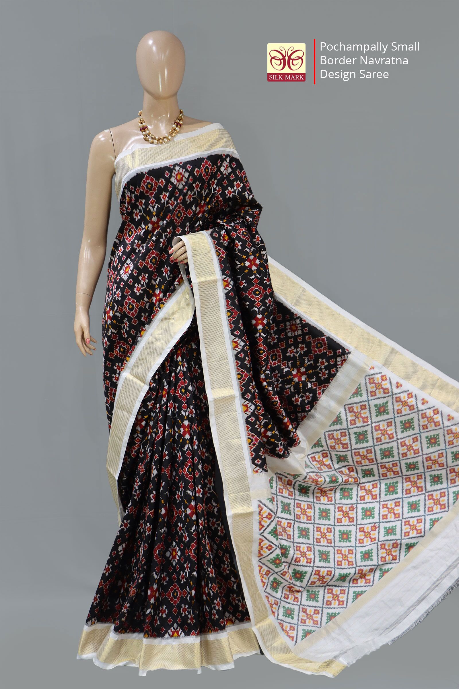 Pochampally Ikat Small Border Navratna Black Design Saree