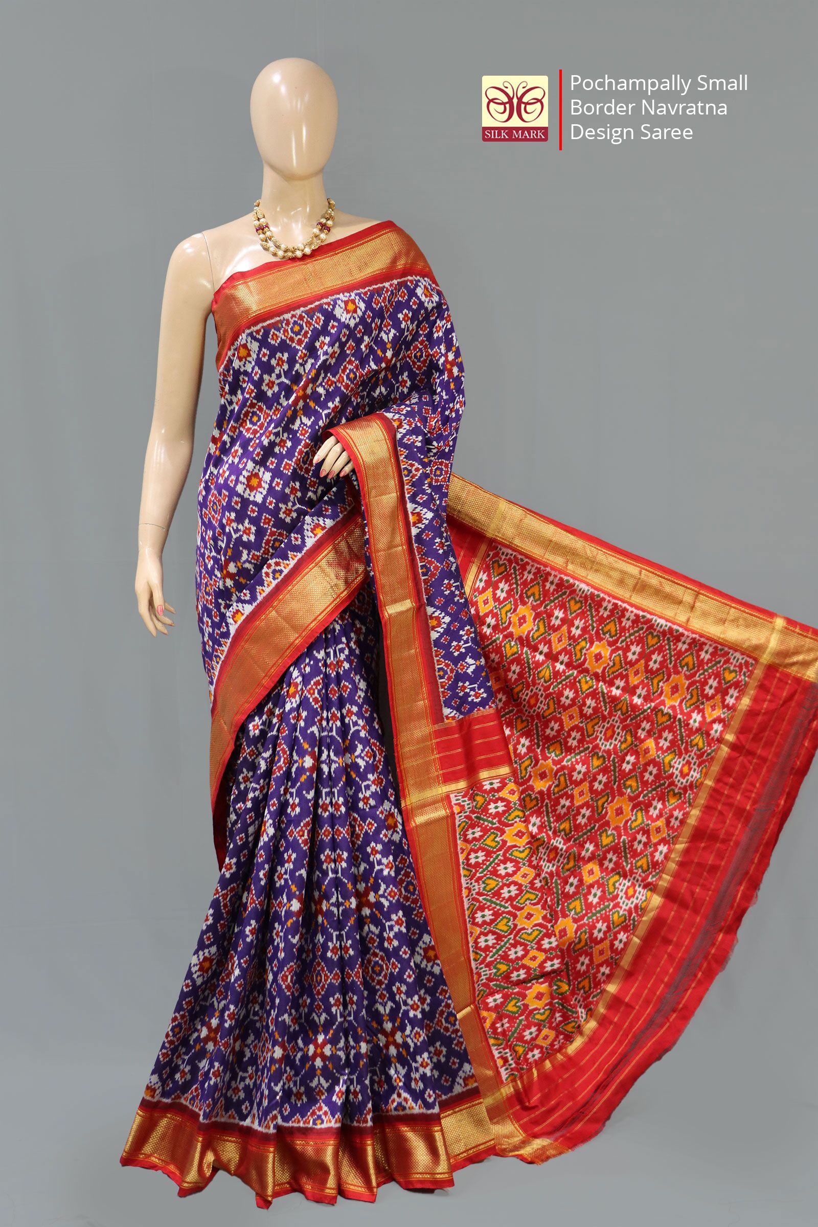 Pochampally Ikat Small Border Navratna Royal Blue Design Saree