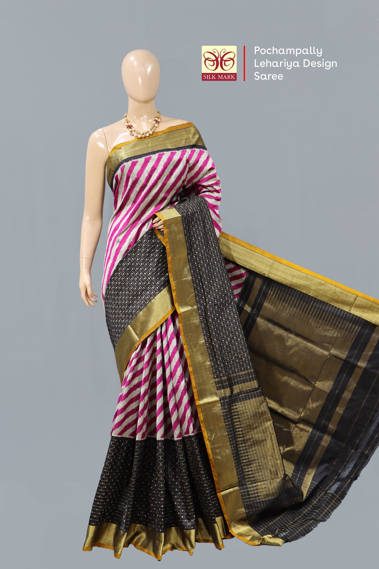 Pochampally Lehariya Design Gray And Pink Saree