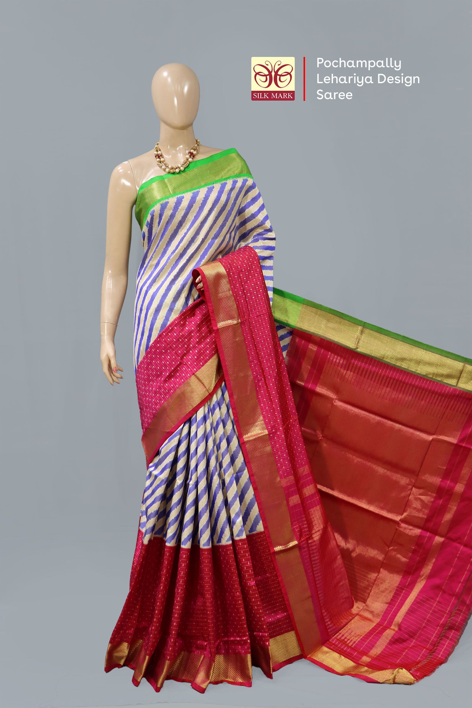 Pochampally Lehariya Design Gray And Skyblue Saree