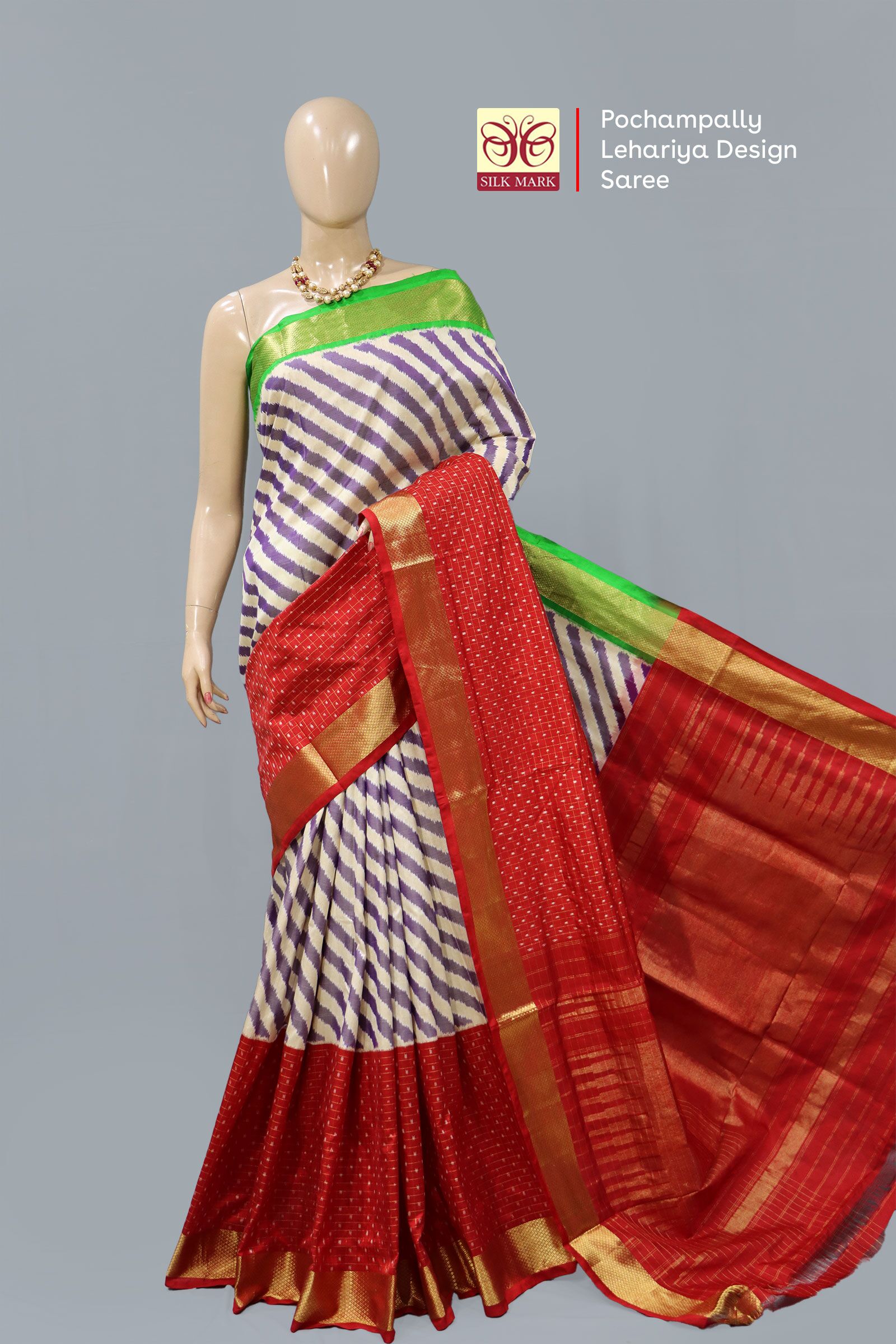 Pochampally Lehariya Design White And Blue Saree