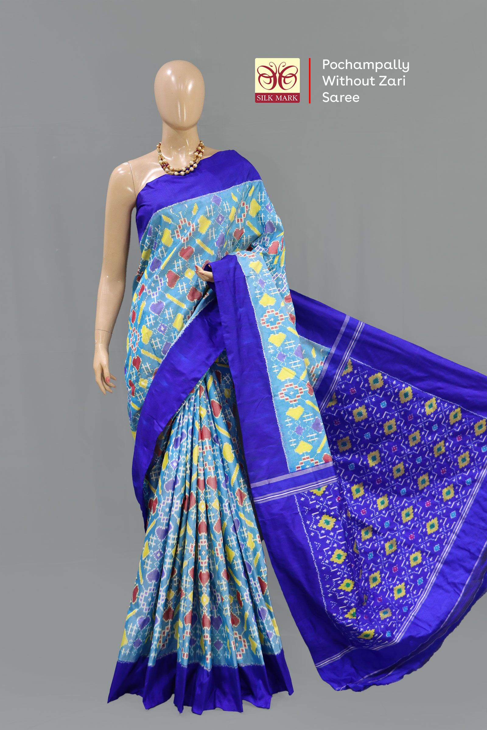 Pochampally Without Zari Skyblue And Dark Blue Saree