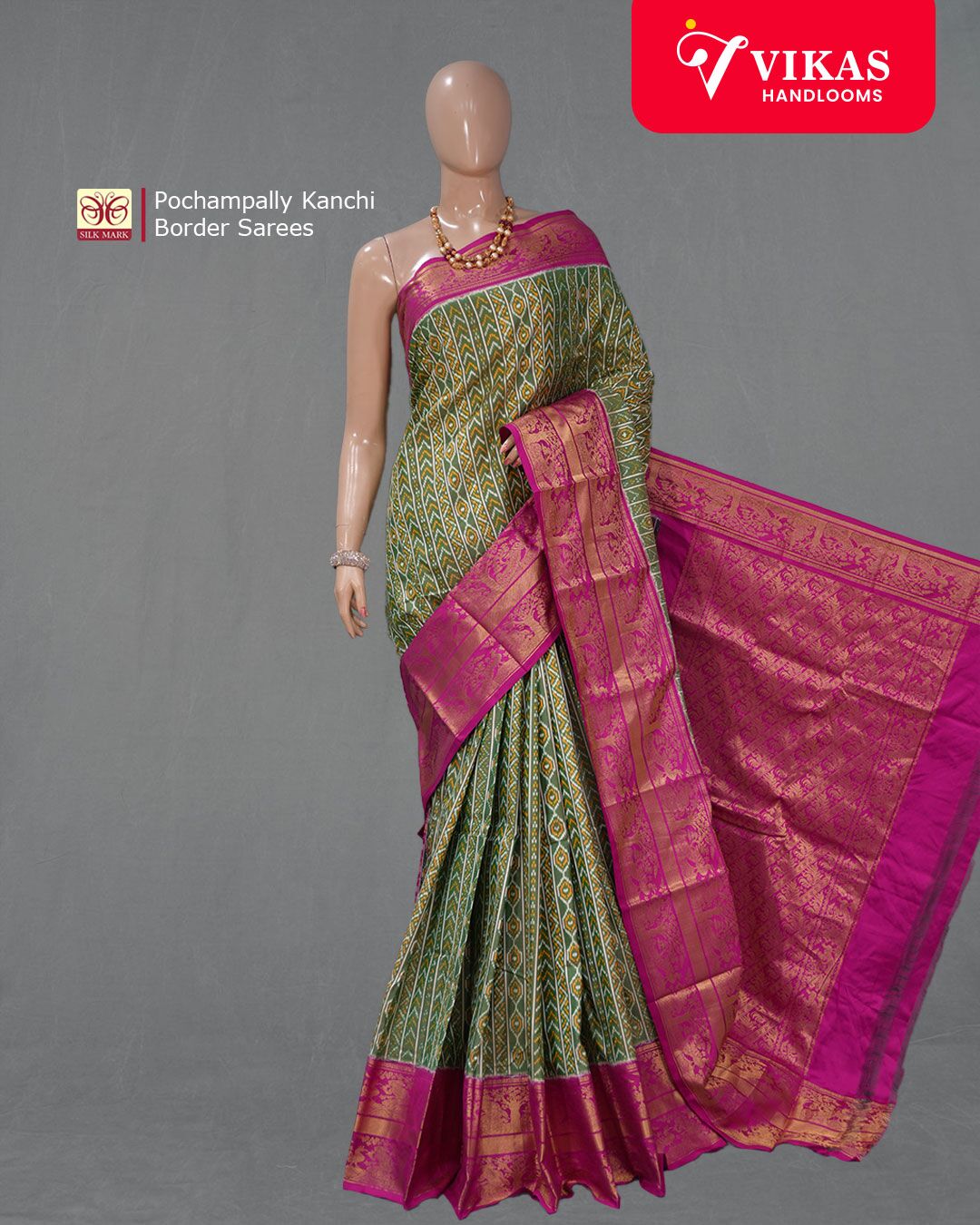 Pochampally Kanchi Border Olive Green And Pink Saree