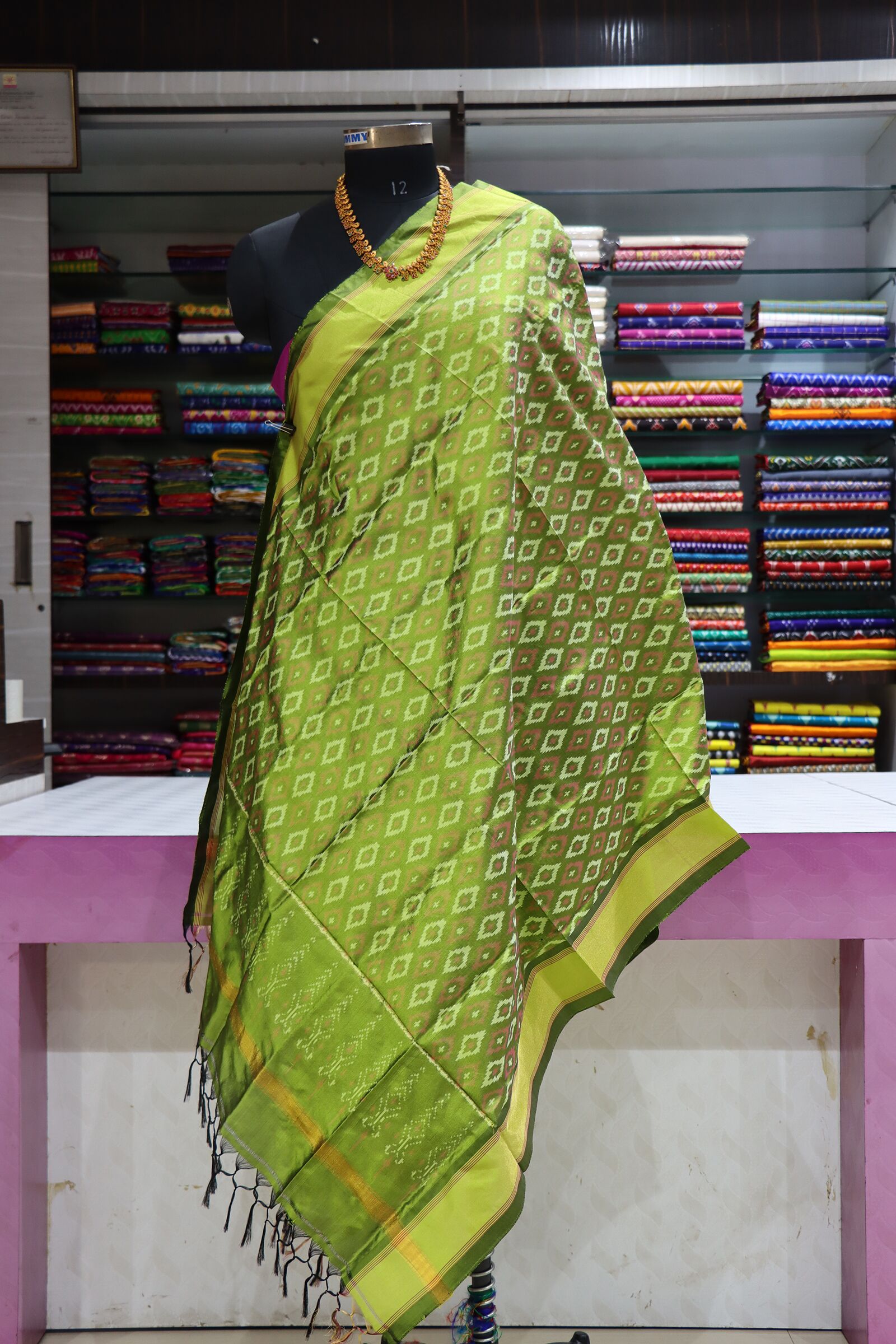 Pochampally Double Shade Dark Green Silk Dupatta