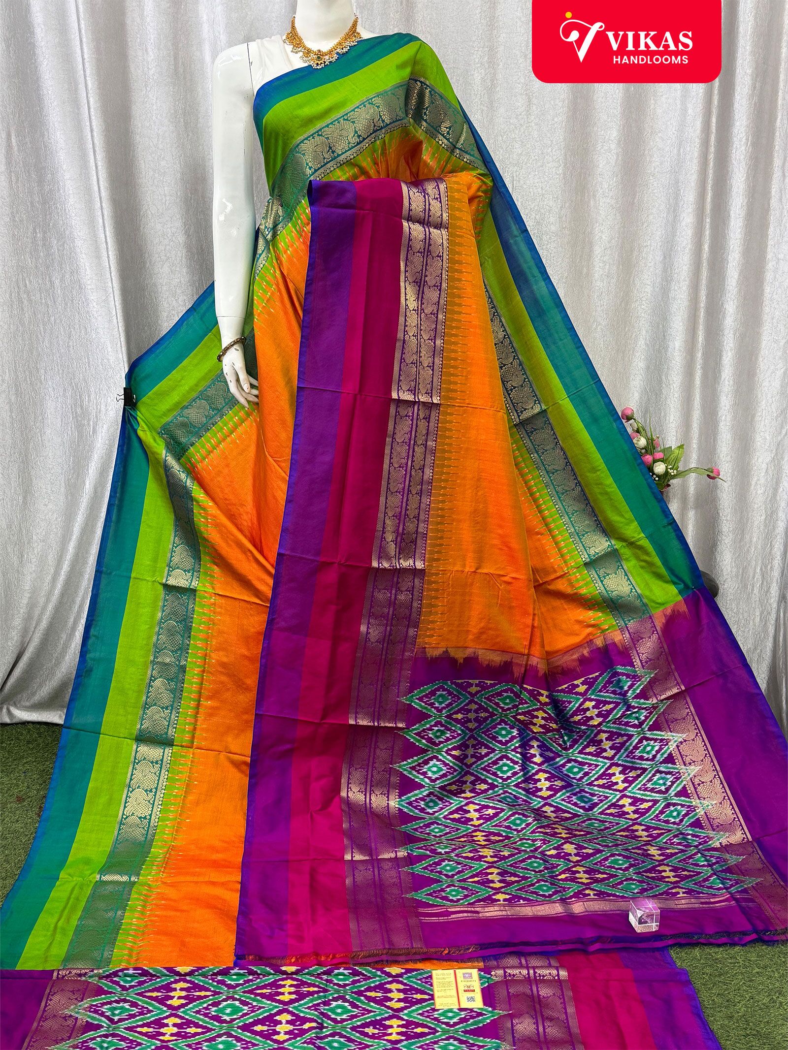 Pochampally Ikat Kanchi Border Orange Saree