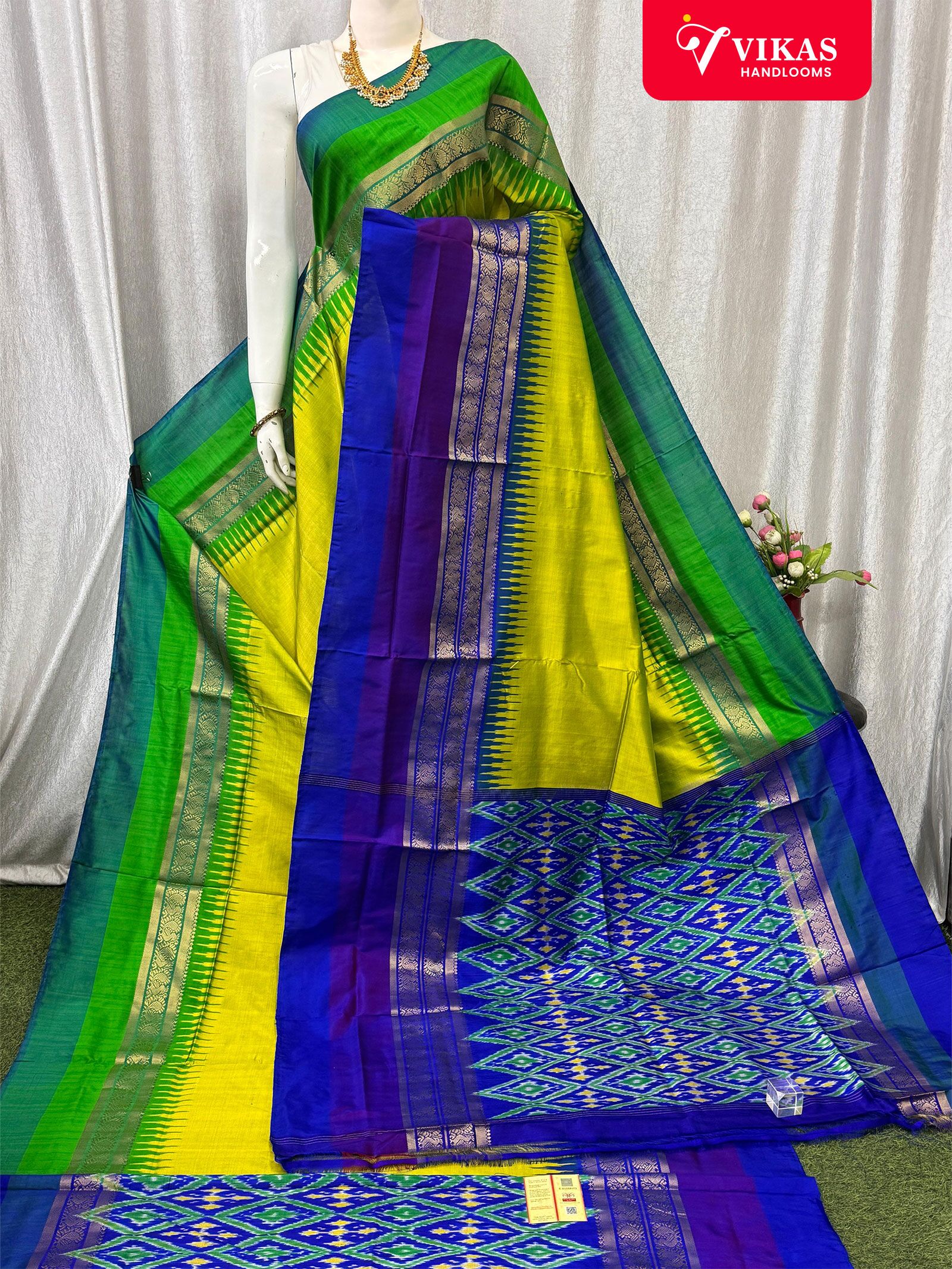 Pochampally Ikat Kanchi Border Yellow And Blue Saree