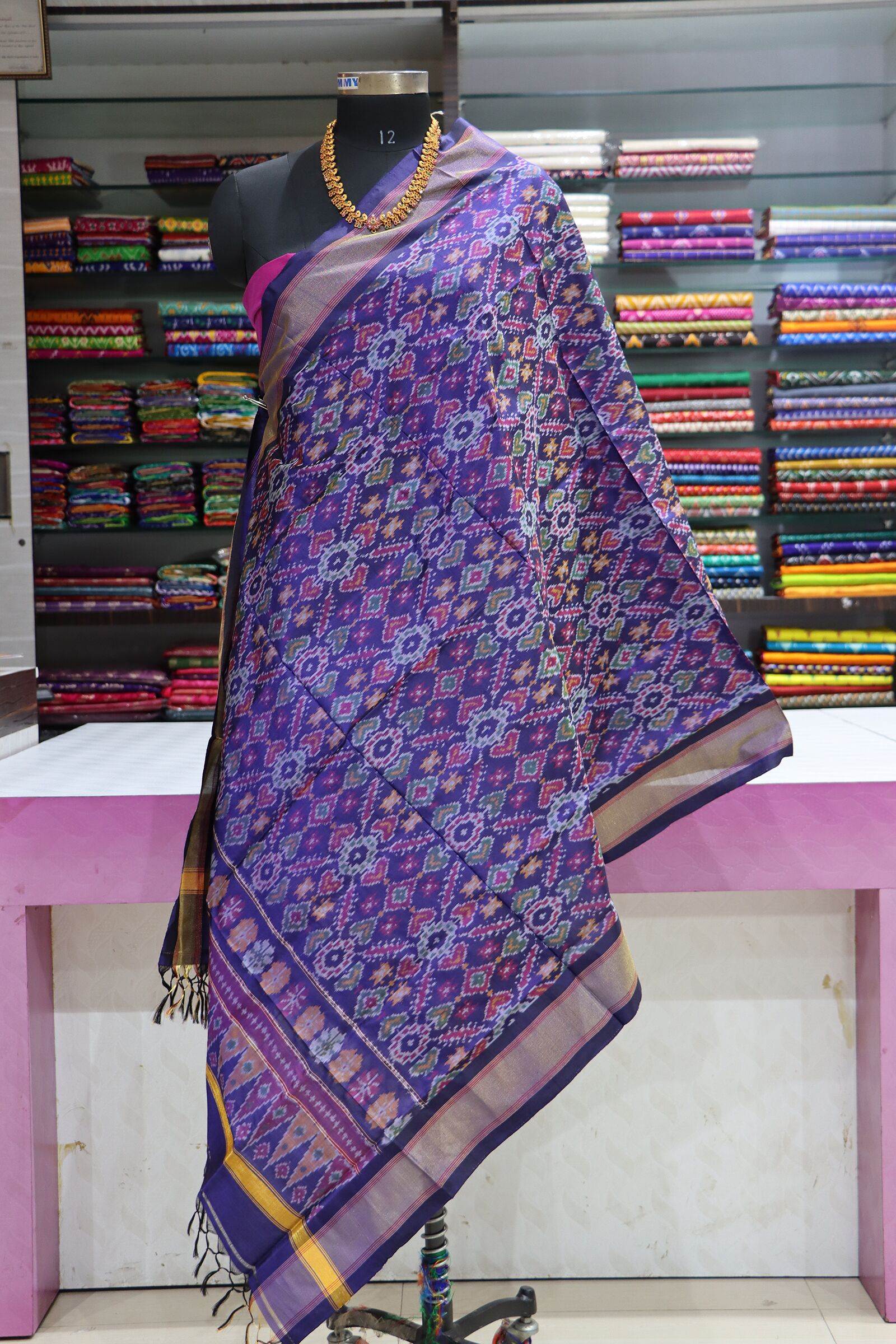 Pochampally Dark Blue Silk Dupatta