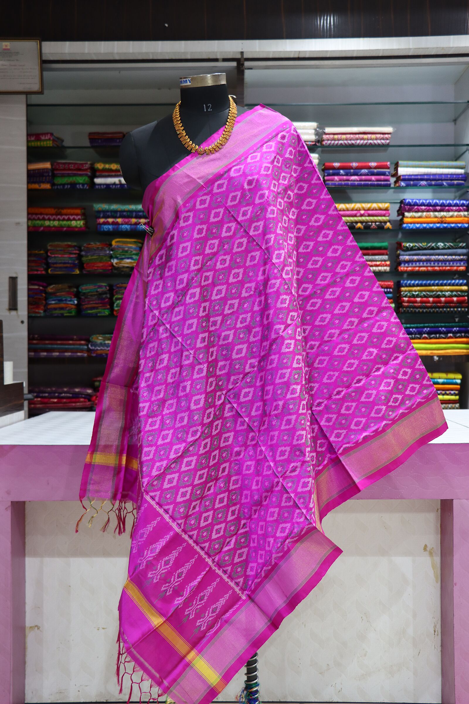 Pochampally Dark Pink Silk Dupatta