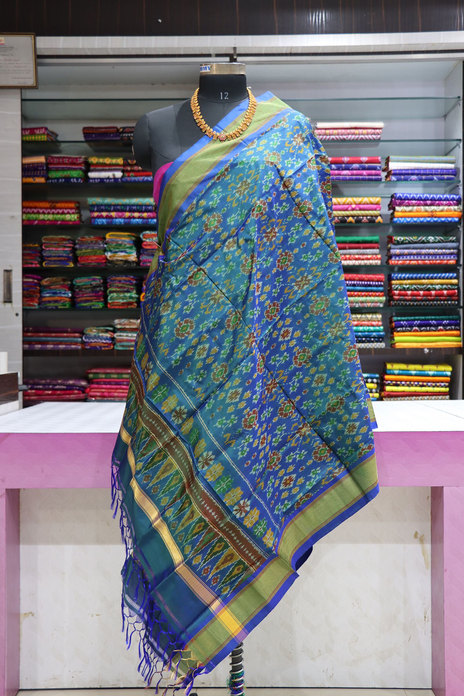 Pochampally Green Blue Silk Dupatta