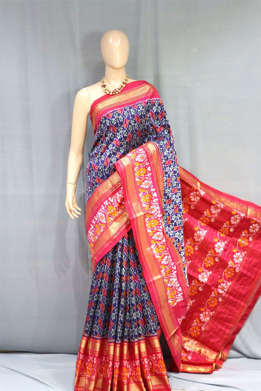 Pochamapally Ikat Break Border Dark Blue Pattu Saree