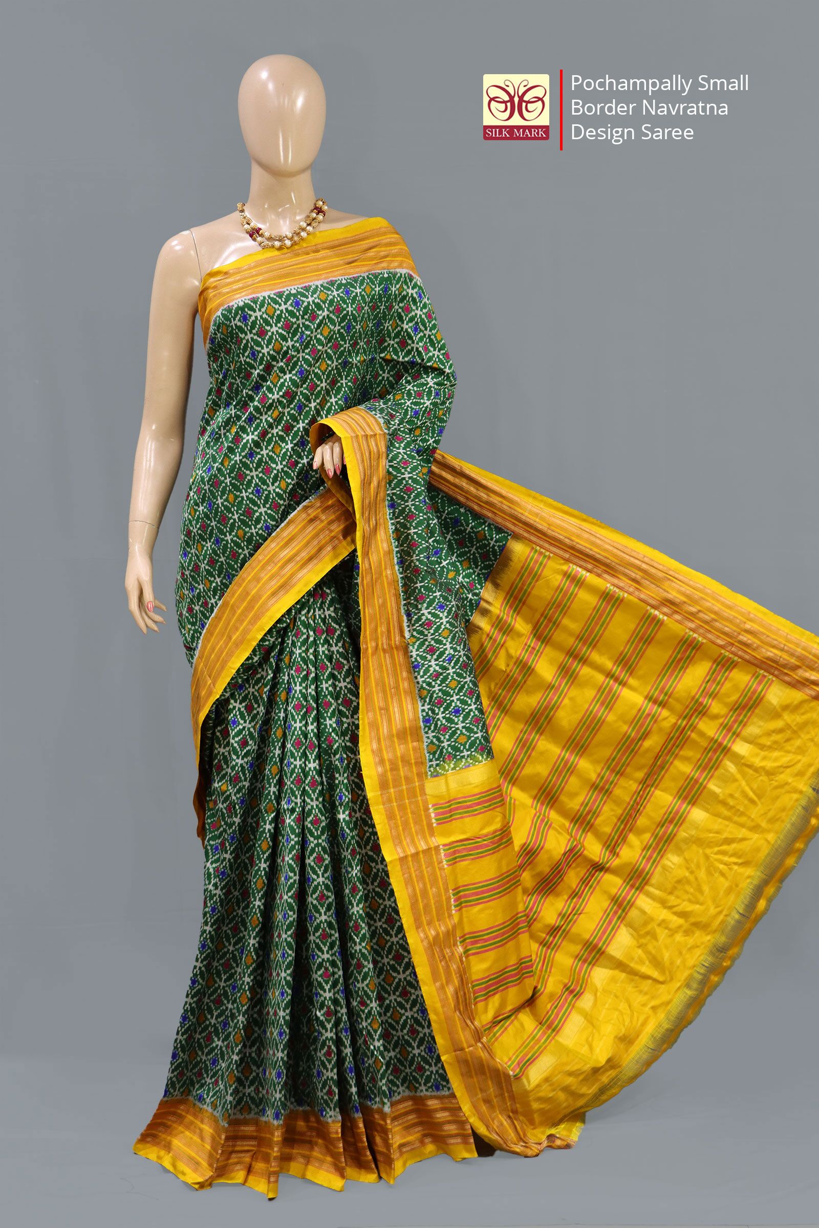 Pochampally Ikat Small Border Navratna Parrot Green Design Saree